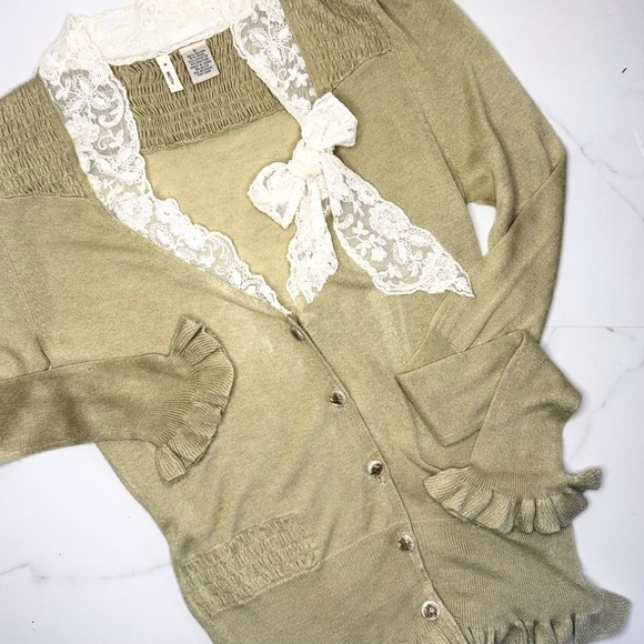 Anthropologie Moth Sweater S Smocked Lace Bow Rayon Wool Y2K vinta… - Picture 4 of 11